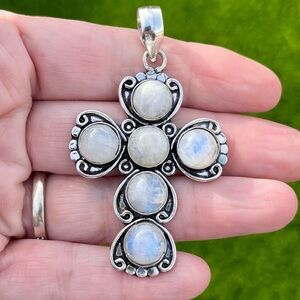 Large Natural Rainbow Moonstone Silver 2.4” Cross Pendant#46329